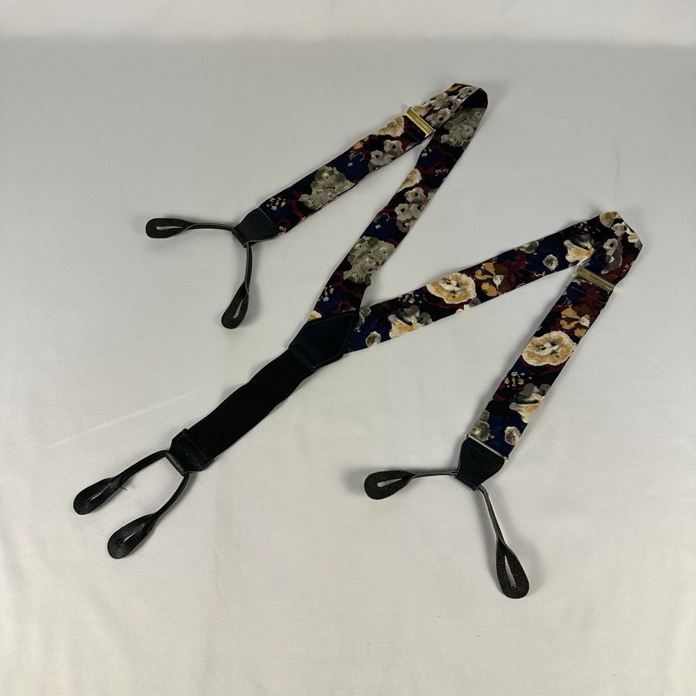 Vintage Pelican USA Silk Floral Suspenders Button Braces Y Back Leather Ends